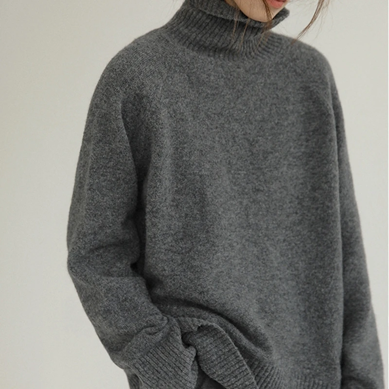 Grey Turtleneck Women\'s Pullover Sweater Loose Languid Style 2022 New Autumn Winter Cashmere Thick Long Sleeve Knit