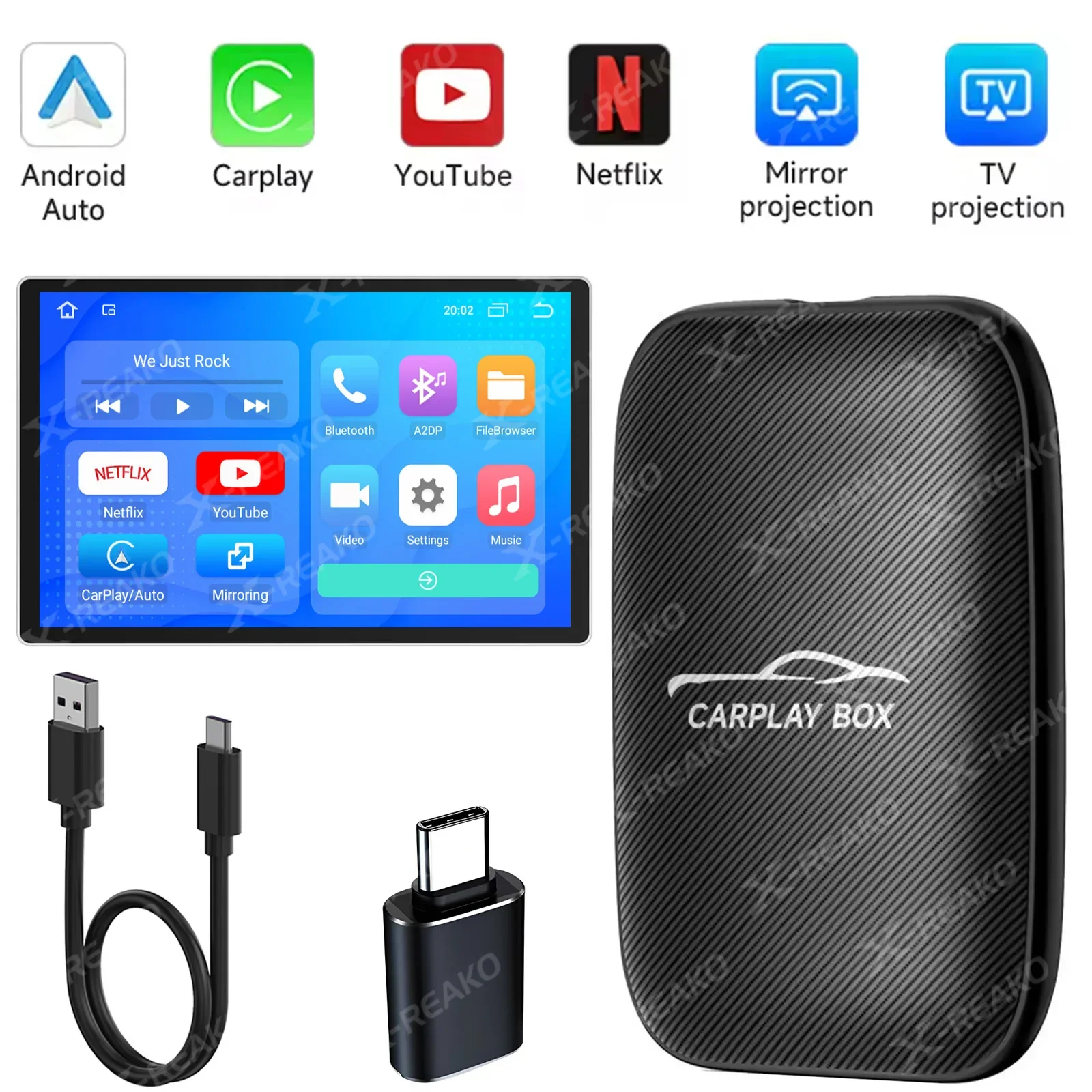 

X-REAKO Carplay Box 2 + 8 ГБ Беспроводной Android Auto Carplay Адаптер Android Система Навигация Поддержка YouTube Netflix Type-C