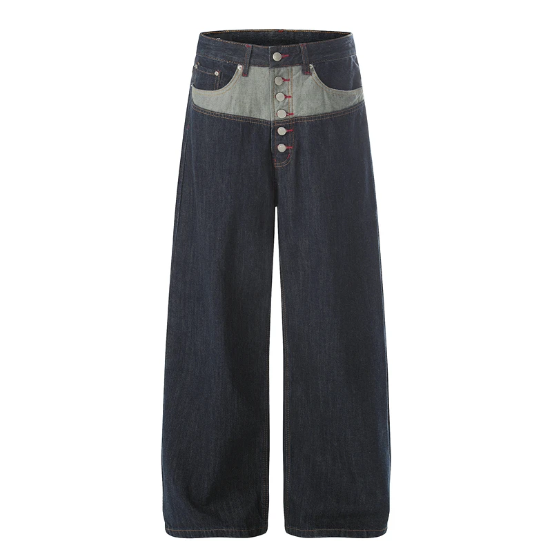 

GXFortune American Spliced Button Design High Quali Jeans Loose Wide Leg Knife ape Pants for Men And Women Casual Sle