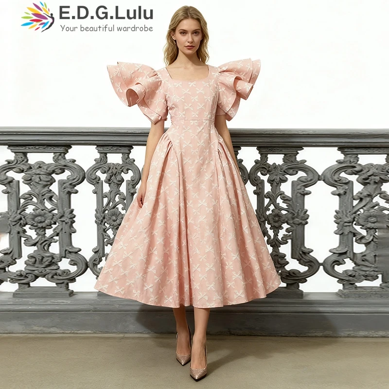 EDGLuLu Square Collar Lotus Leaf Sleeves Elegant Chic Woman Evening Dress Embroidered Lace Jacquard Red Long Dresses 1115