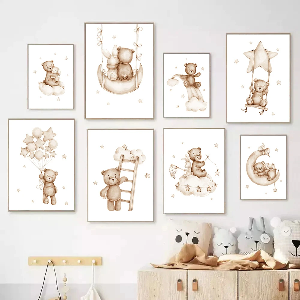 2026 Star Cloud Moon Rabbit Bear Wall Art Print Canvas Painting Nursery Posters And Prints Nordic Wall Pictures Baby Kids Room D