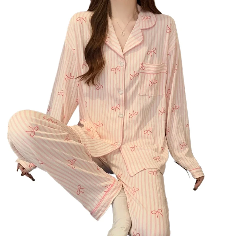 Women Spring and Summer High Quality Striped Nightwear Cardigan Pajamas Casual Set Student Loungewear Two Piece Set Sleepwear