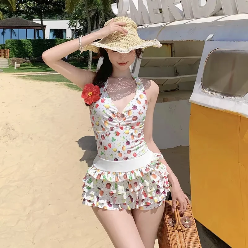 

Комплект из двух предметов для милых девочек, бикини с рюшами и высокой талией, пляжная одежда в горошек с фруктовым принтом, купальник Pure Desire, пляжная одежда Y2k