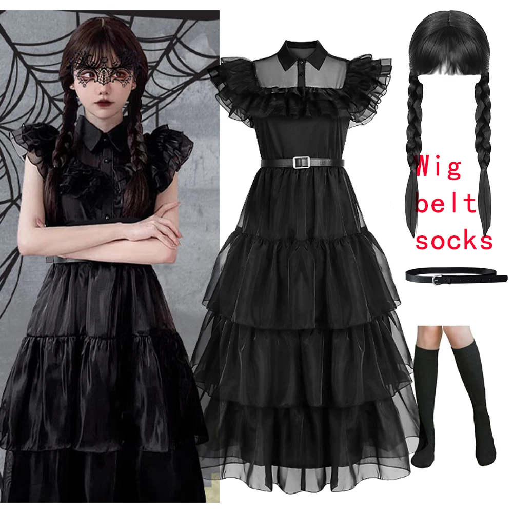 Girls Wednesday Addams Dress 4PCS Sets Cosplay Costume with Wigs Socks Belts Dress Up For Girls 3-12Year Children Party Carnival