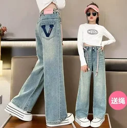 Korean Style Children Embroidery Jeans for Girls Denim Pants for Girls Spring High Waist Straight Trousers for Kids Teenagers