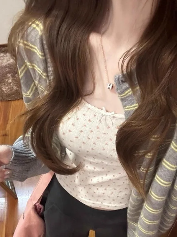 ストライプカラーブロデザインラウンドネロングスベニットオープンカーディガンレディースルーズセーターアウターウェア秋新作スレ