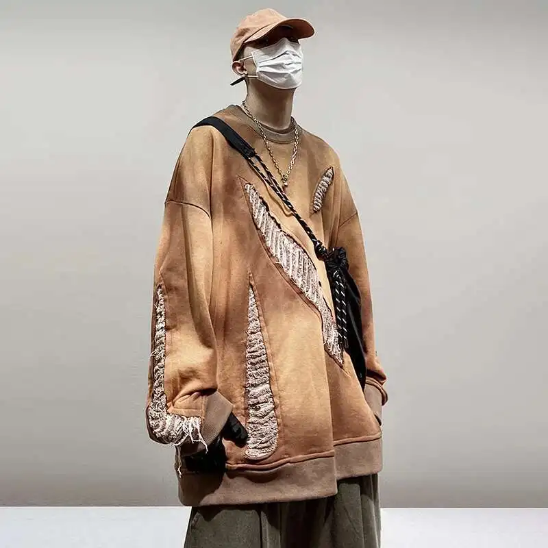 LUZHEN 2025 남성용 긴 소매 티셔츠, 찢어진 구멍, 타이 염색 디자인, 루즈 맨투맨, 패션 스트리트웨어, LZ8493, 신제품