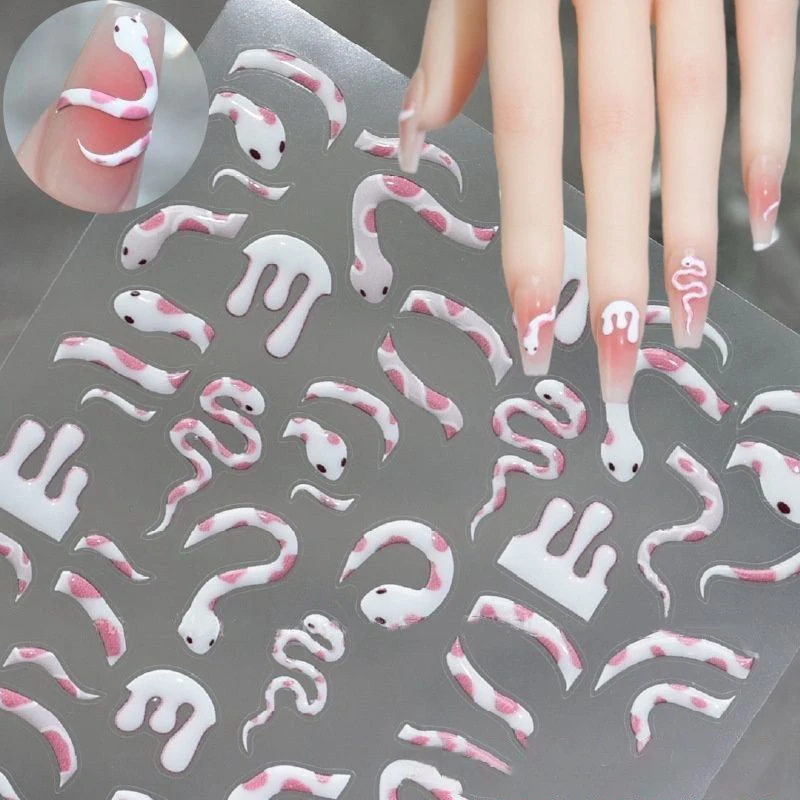 5D Relief White Snake Nails Stickers Spotted Serpent Embossed Butterfly Decals Manicure 2025 New Year Nail Ideas Decoration