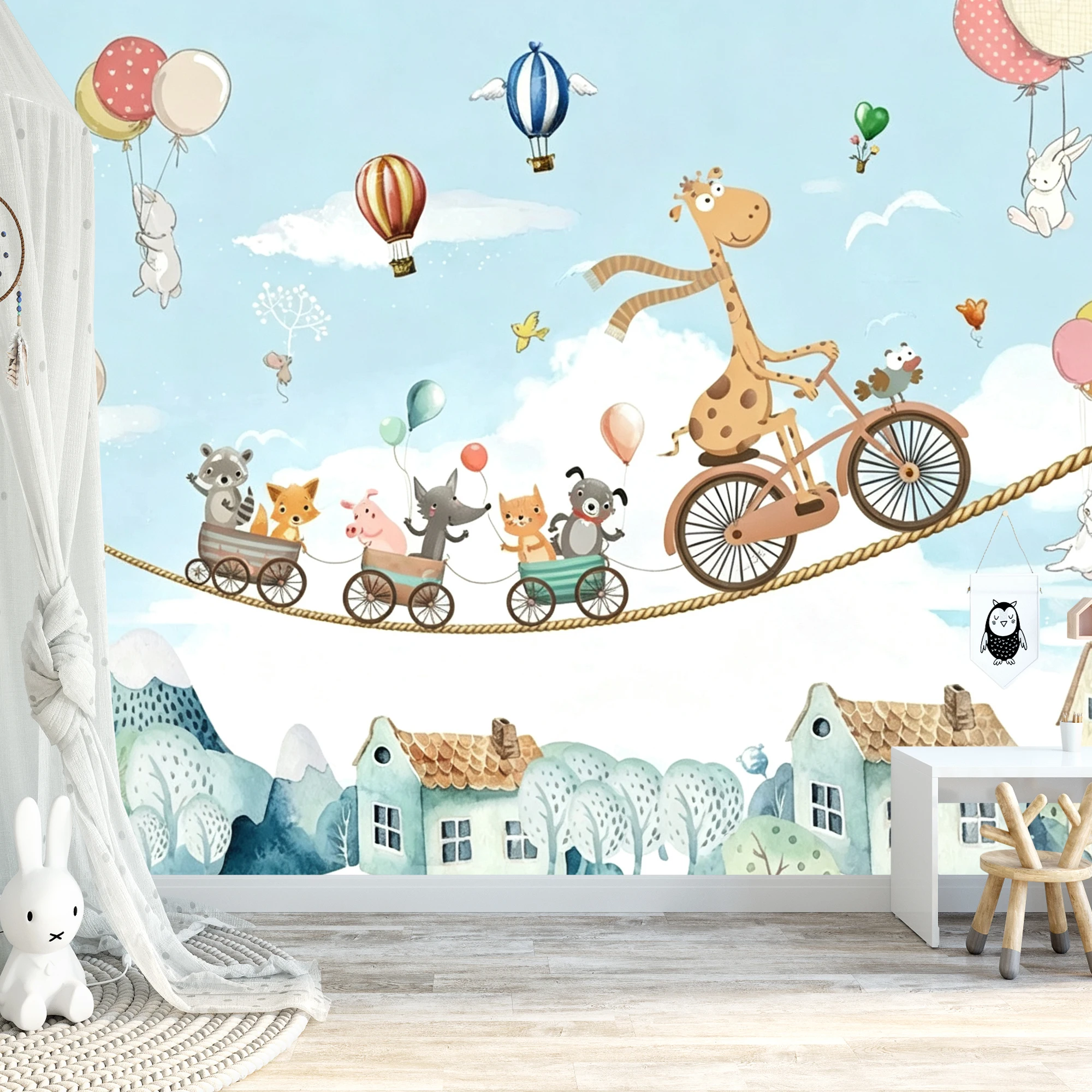 Custom Mural Wallpaper Kids Cartoon Peel And Stick Wall Giraffe Animal Train Balloon Cloud House For Nursery Bedroom Home Decor