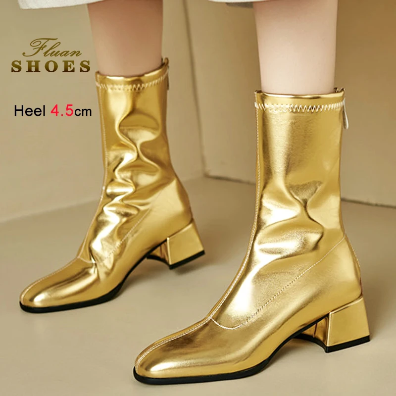 

Модные женские короткие сапоги на грубом каблуке с квадратной головкой, однотонные ботильоны на высоком каблуке с молнией сзади, женская обувь для вечеринок и сценических шоу