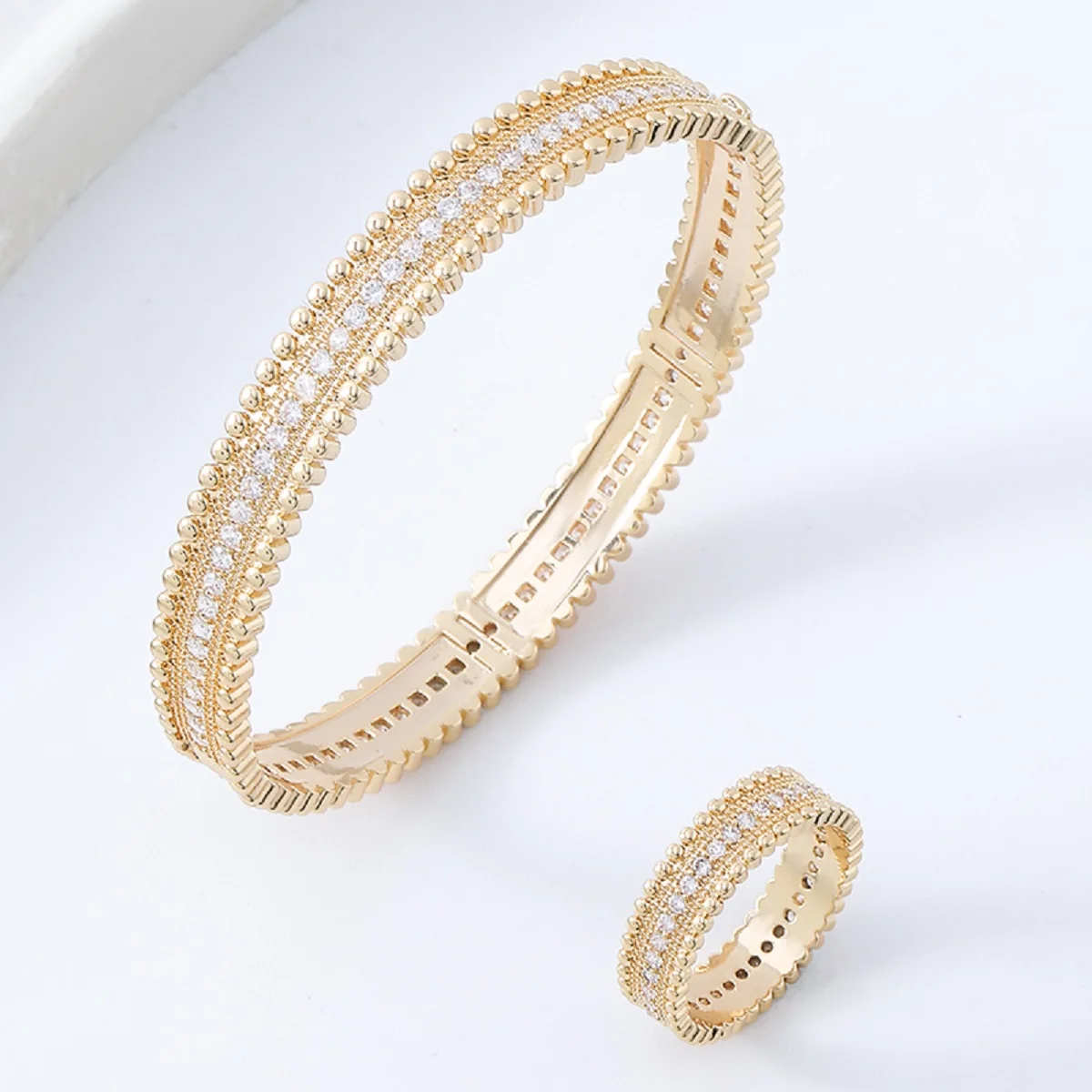 1 set of women's new European and American 14K gold color copper full zirconium three rows of exquisite bracelet ring set