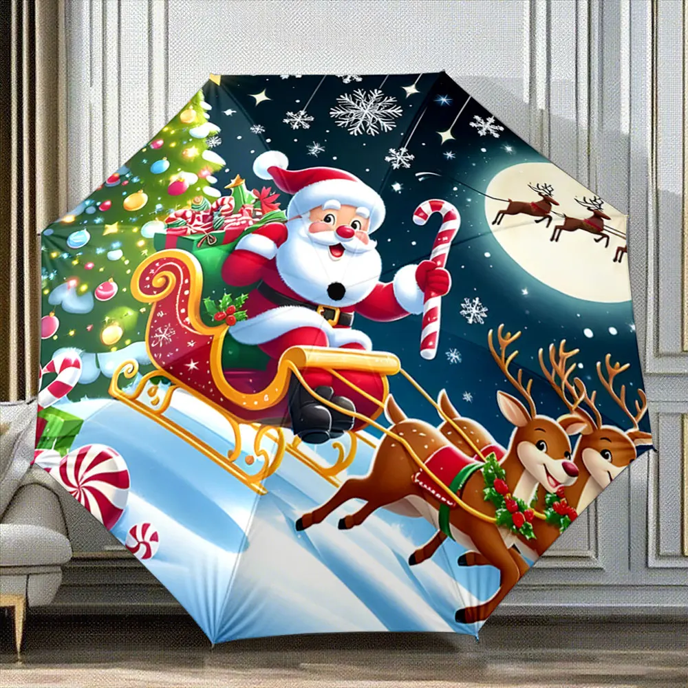 Santa Claus Riding Sleigh with Reindeer Christmas Scene portable waterproof sun rain umbrella for outdoor travel beach
