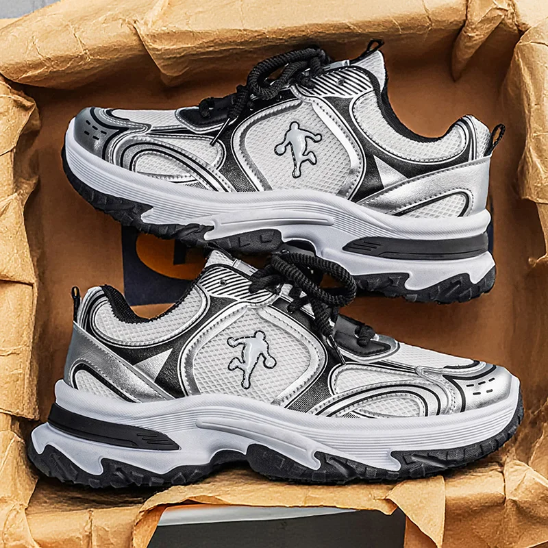 

LOEIKAN Men's Breathable Chunky Sneakers, Silver White Color Block Platform Dad Shoes