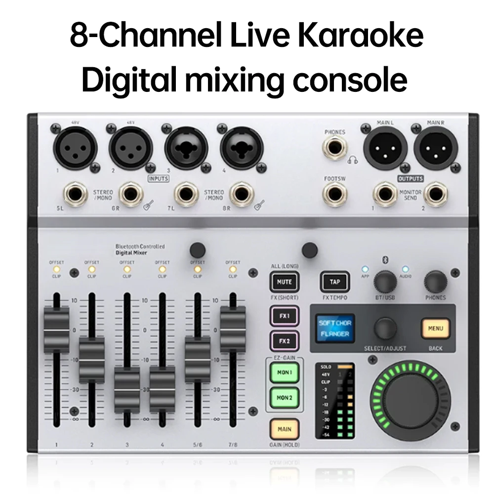 Professional 8-channel USB/Bluetooth Audio Interface Digital Mixer, Portable Mixer for Live Streaming, Podcasting, and Recording
