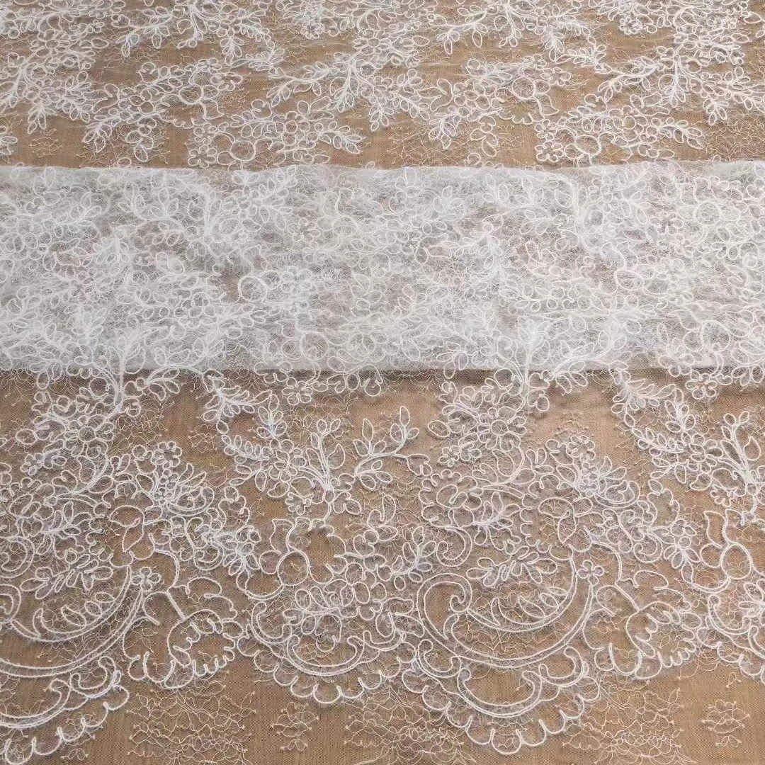 130CM Wide Embroidery on Lace Base Off White Colour Wedding Dress Fabric Material 2025 Latest Designs