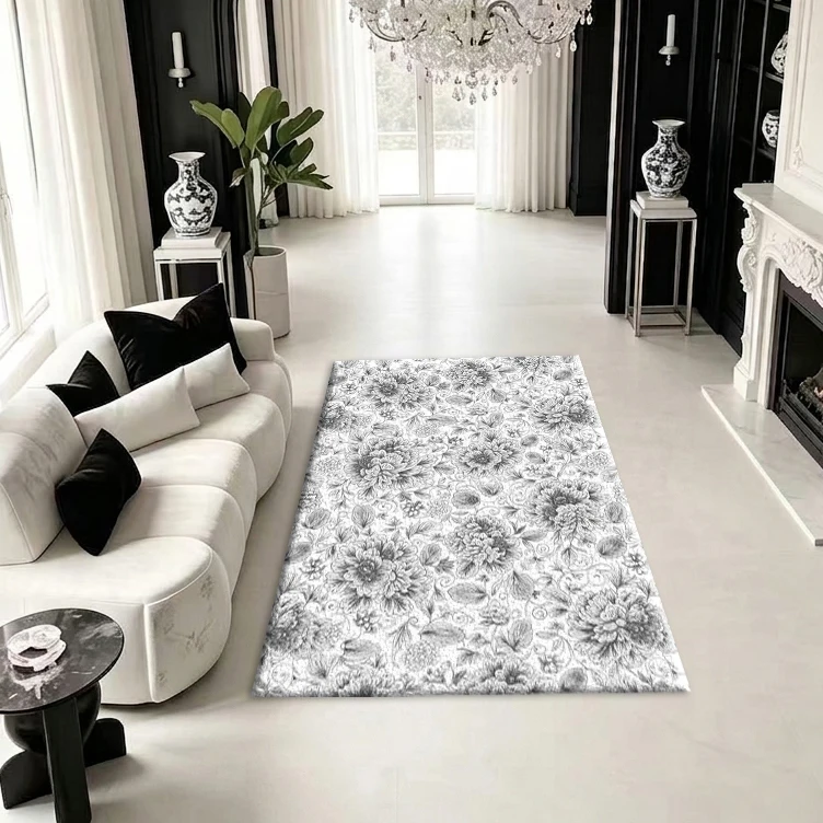 Single-Color Sketch of Peony Flowers Carpet Floor Decoration Painting Hand-Painted Art Style Carpet, Suitable for Home Decoration
