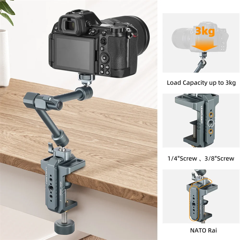 leaplight-テーブルcクランプ（360度回転）-°-ボールヘッドマジックアームキット、屋外カメラ撮影、ライブストリーミング、vlog用の多用途スーパーマジッククランプ