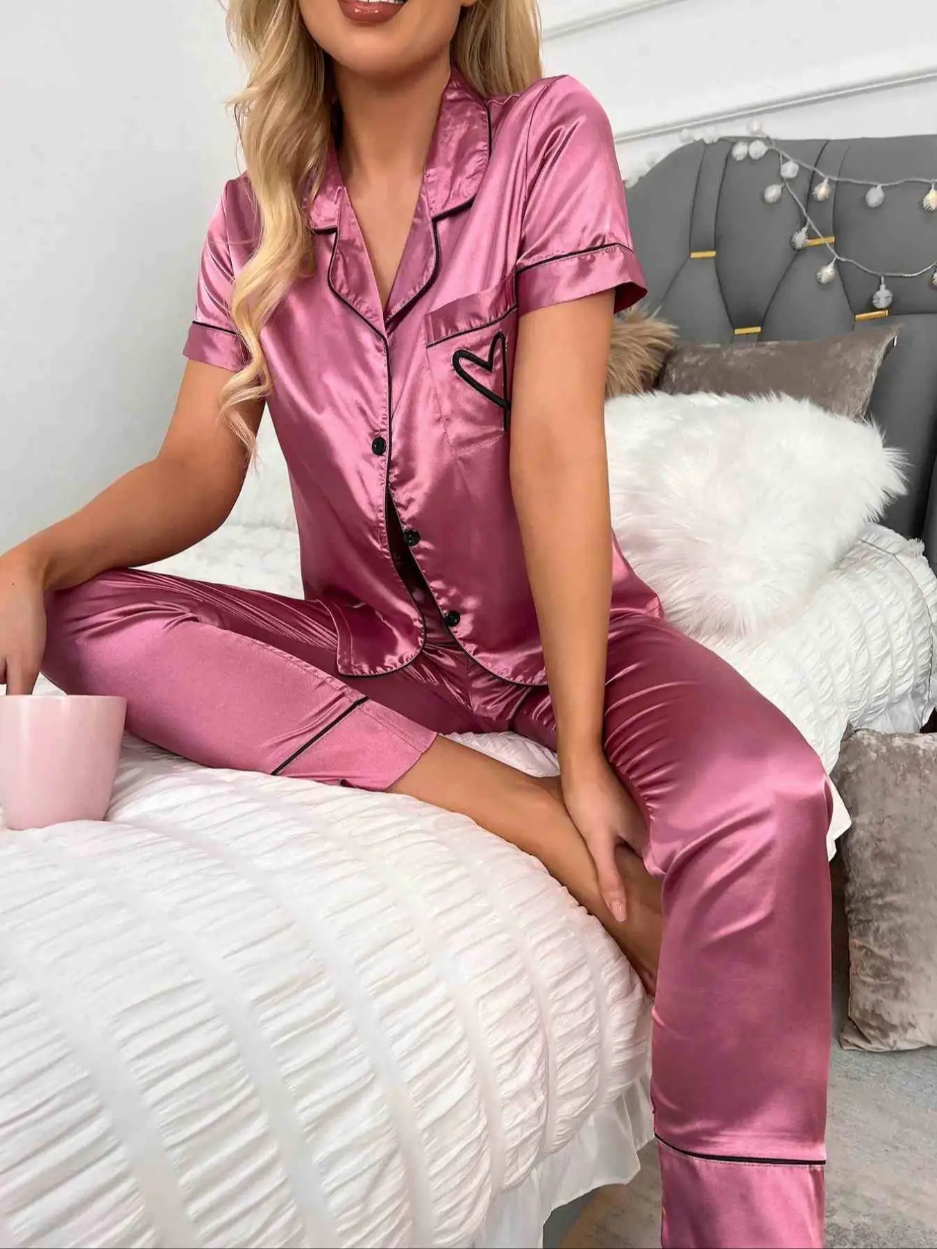 여성용 단색 버튼 프론트 파자마 투피스 세트, 편안한 파자마 세트, 반팔 라펠 넥 탑 & 반바지 파자마 세트, 여성용 잠옷
