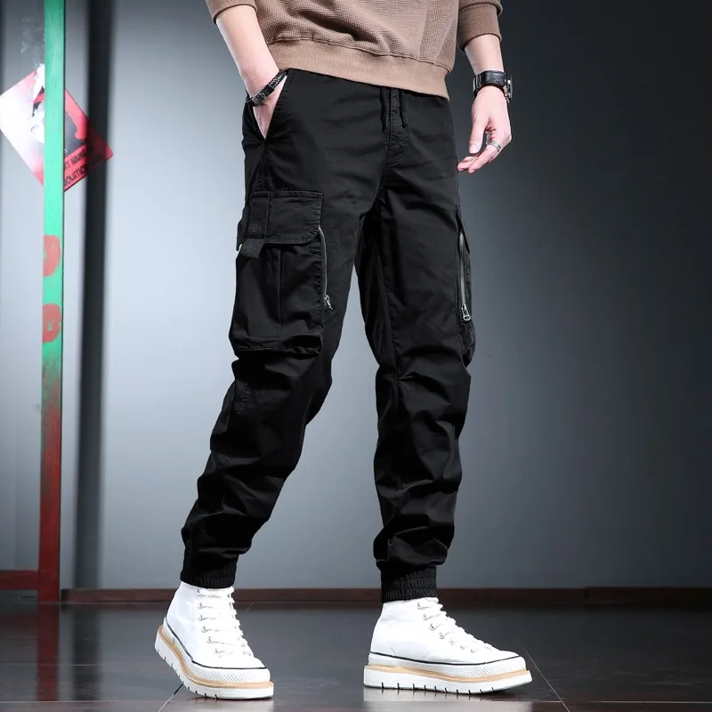 

Fashion Tactical Black Cargo Pants Men Casual Cotton Pencil Pants Streetwear Hip Hop Big Pockets Drawstring Trousers