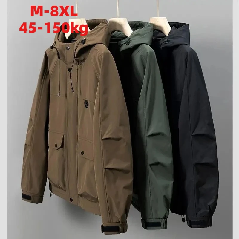 

Oversized 8XL Men's Jacket Hooded Big Pocket Windbreaker Trench Coats Plus Size Waterproof Camping Loose Thin Softshell Coat Men
