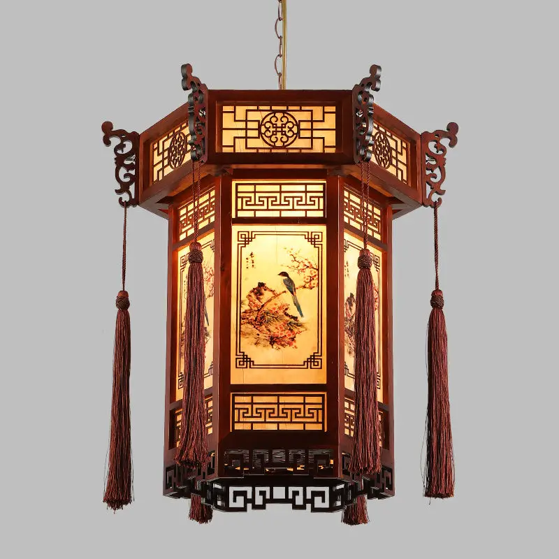 Chinese Style Solid Wood Hexagonal GD Balcony Red Lantern Chandelier Temple Hall Chinese Style