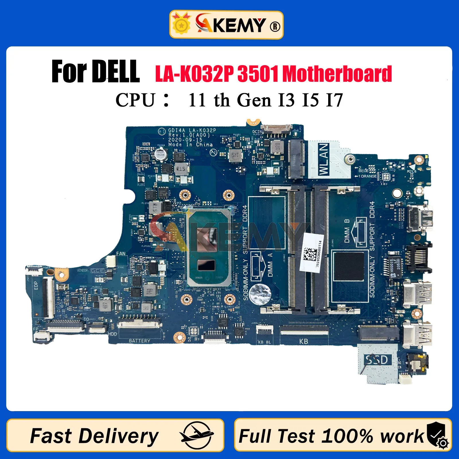 

LA-K032P с процессором I3 I5 I7-11TH, материнская плата для ноутбука Dell Vostro 3400 3500 Inspiron 3501 07HC6F 06PGNJ 0GGCMJ, 100% протестировано, ОК