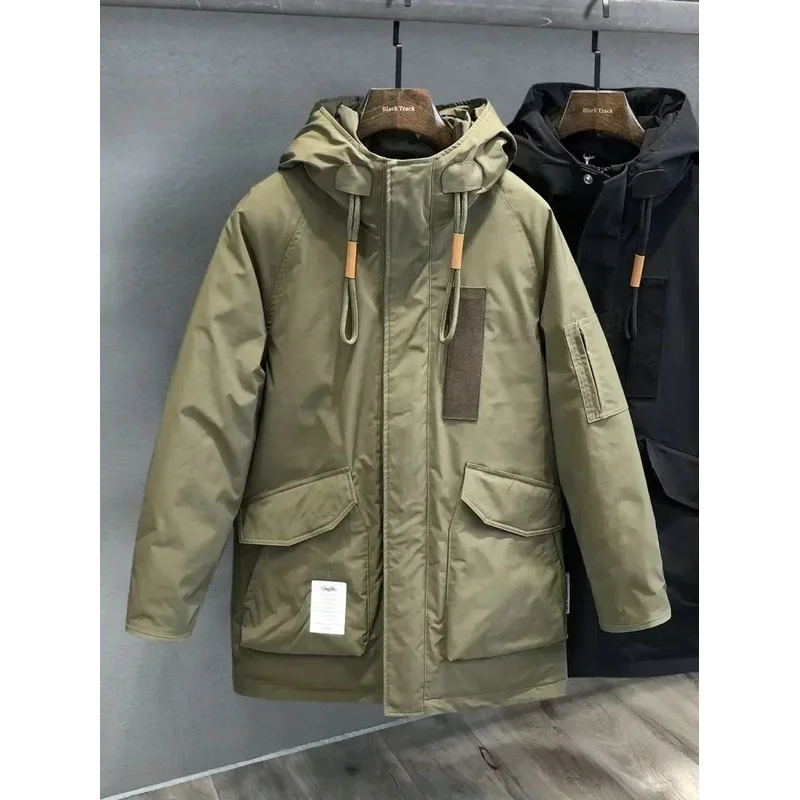 Military Green Cargo Down Jacket Medium Long Winter Thickened Thermal Coat Outdoor Warm Ski Parkas Camp Trekking Storm Suit