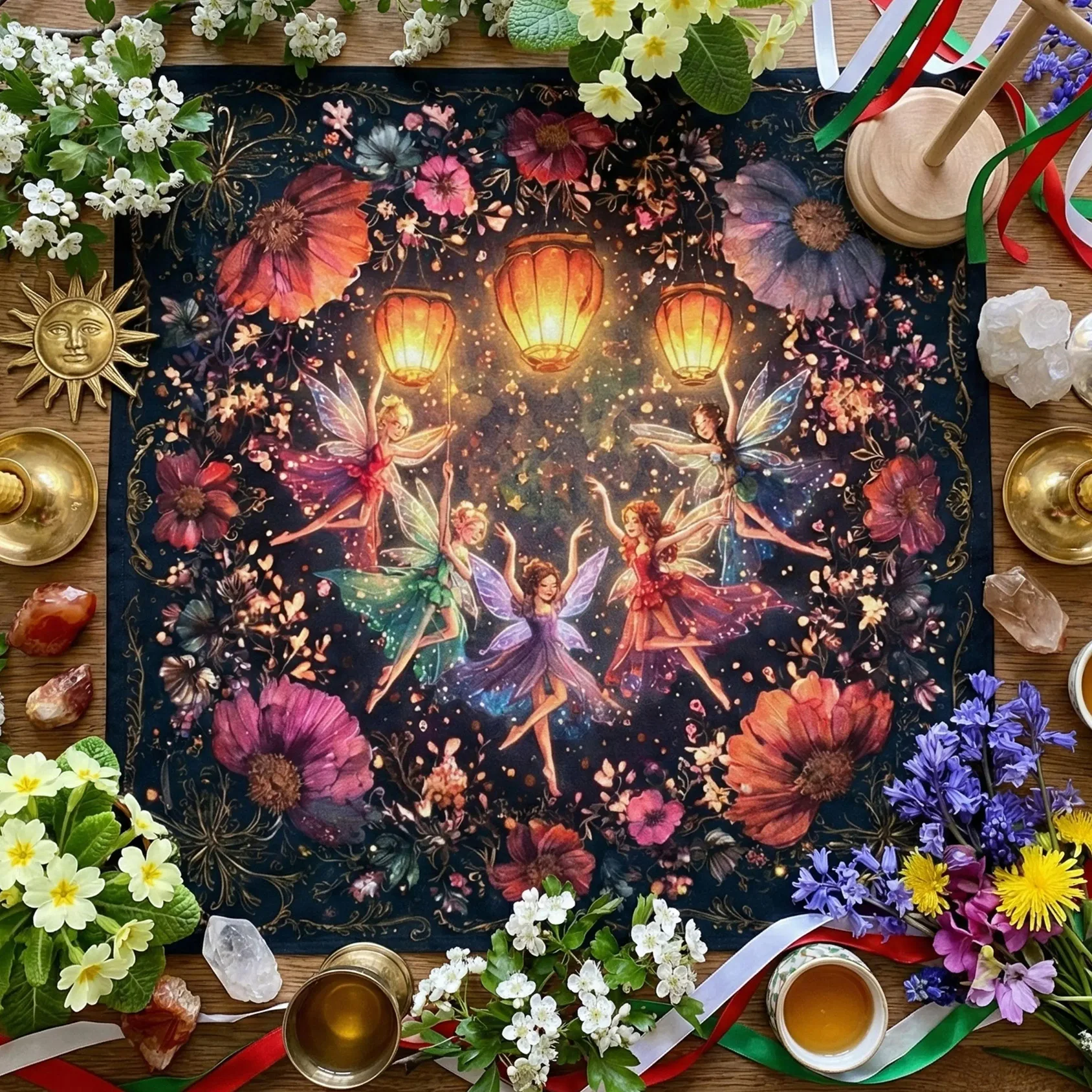50/75/110/137cm 1pc Fairy Lantern Altar Cloth Floral Witchy Tapestry Wiccan Pagan Ritual Mat Tarot Reading Cloth Flat Print