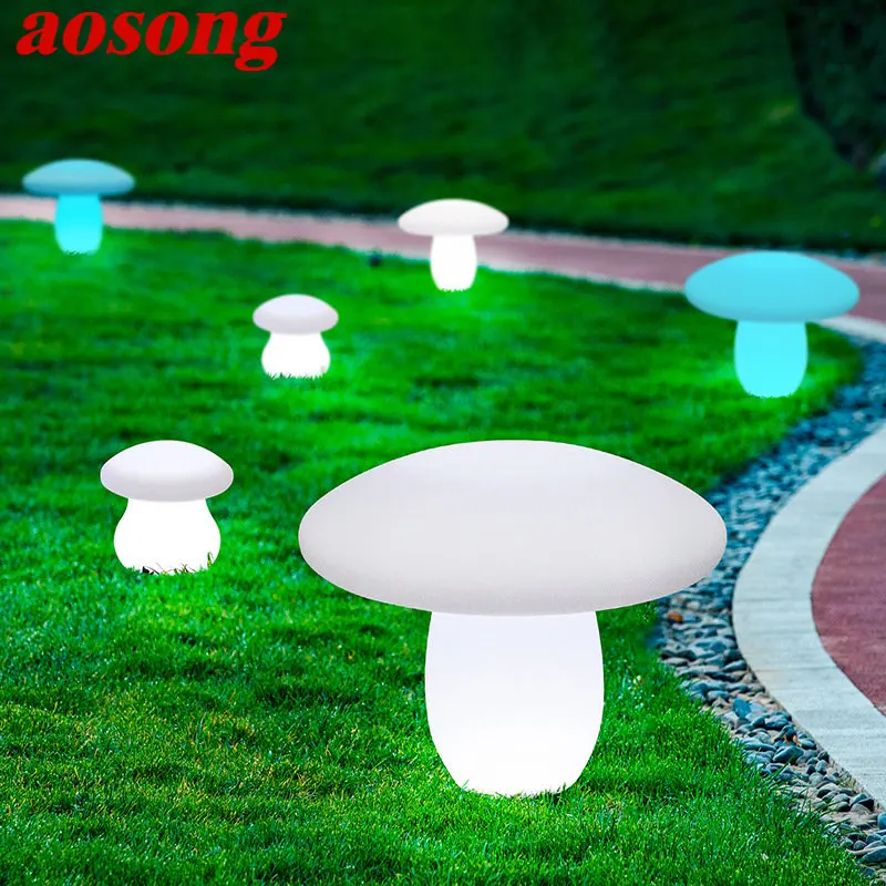 AOSONG Outdoor Mushroom Lawn Lamps with Remote Control White Solar 16 Colors Light Waterproof IP65 for Garden Decoration