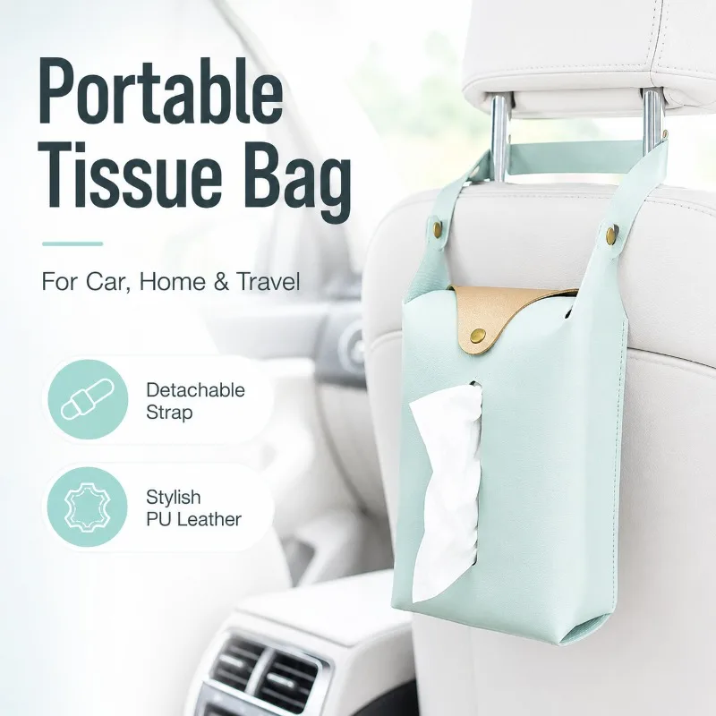 

Portable PU Leather Tissue Holder for Car Headrest, Hanging Napkin Box with Strap, Foldable Organizer for Travel