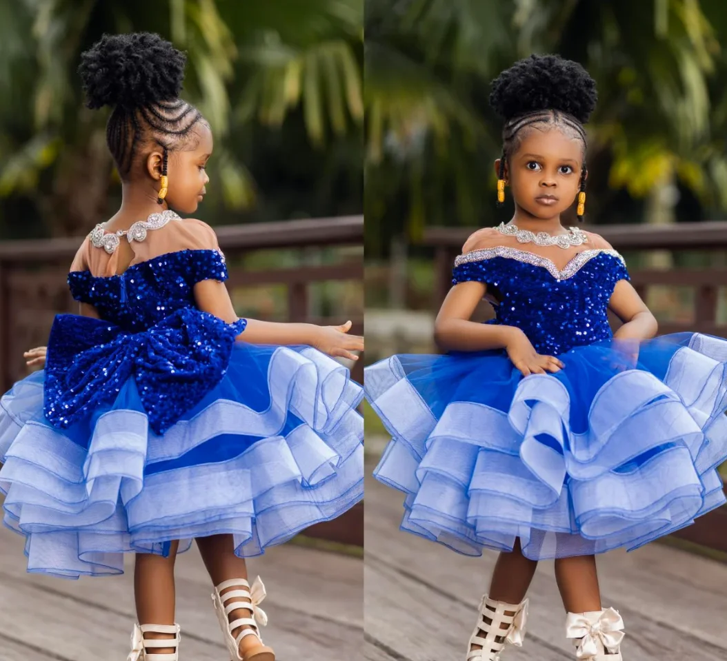 

Royal Blue Flower Girl Dress Sheer Neck Short Sleeve Sequined Princess Tiered Tutu Baby Birthday Gown First Communion Dress