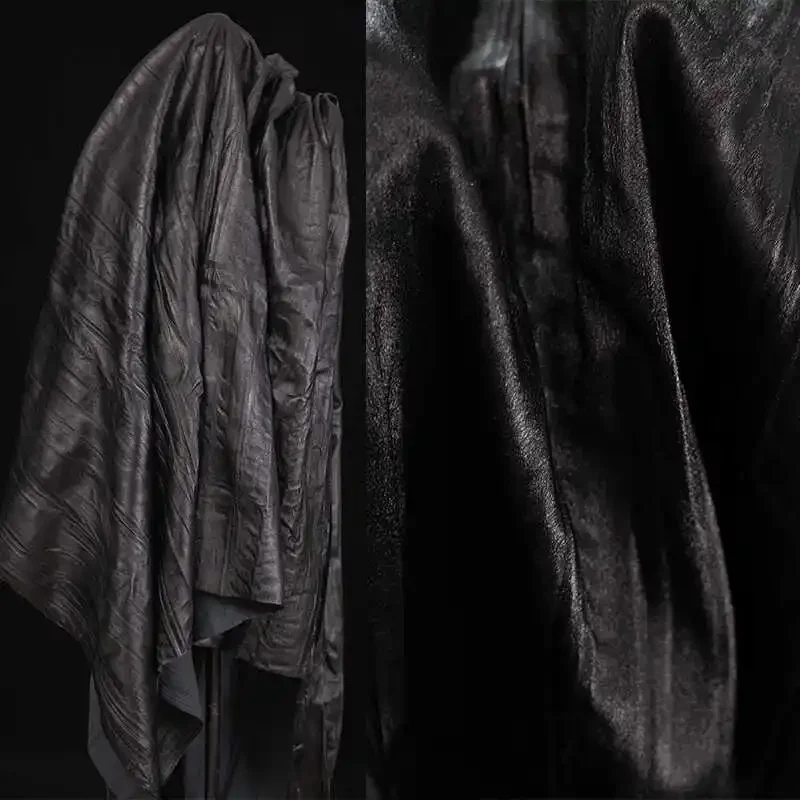 قماش جلدي عمودي أسود سميك متجعد لمعطف التنورة ملابس عصرية مصممة إبداعية خياطة يدوية لكل متر من القماش #3