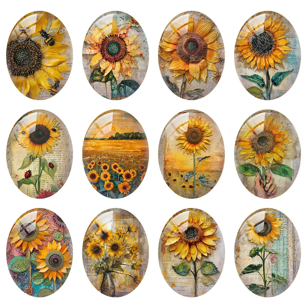 Random Mixed Round/Oval/Square Retro Sunflower Bee Yellow Blue Photo Glass Cabochon Flatback Demo Cameo For Diy Jewelry Making