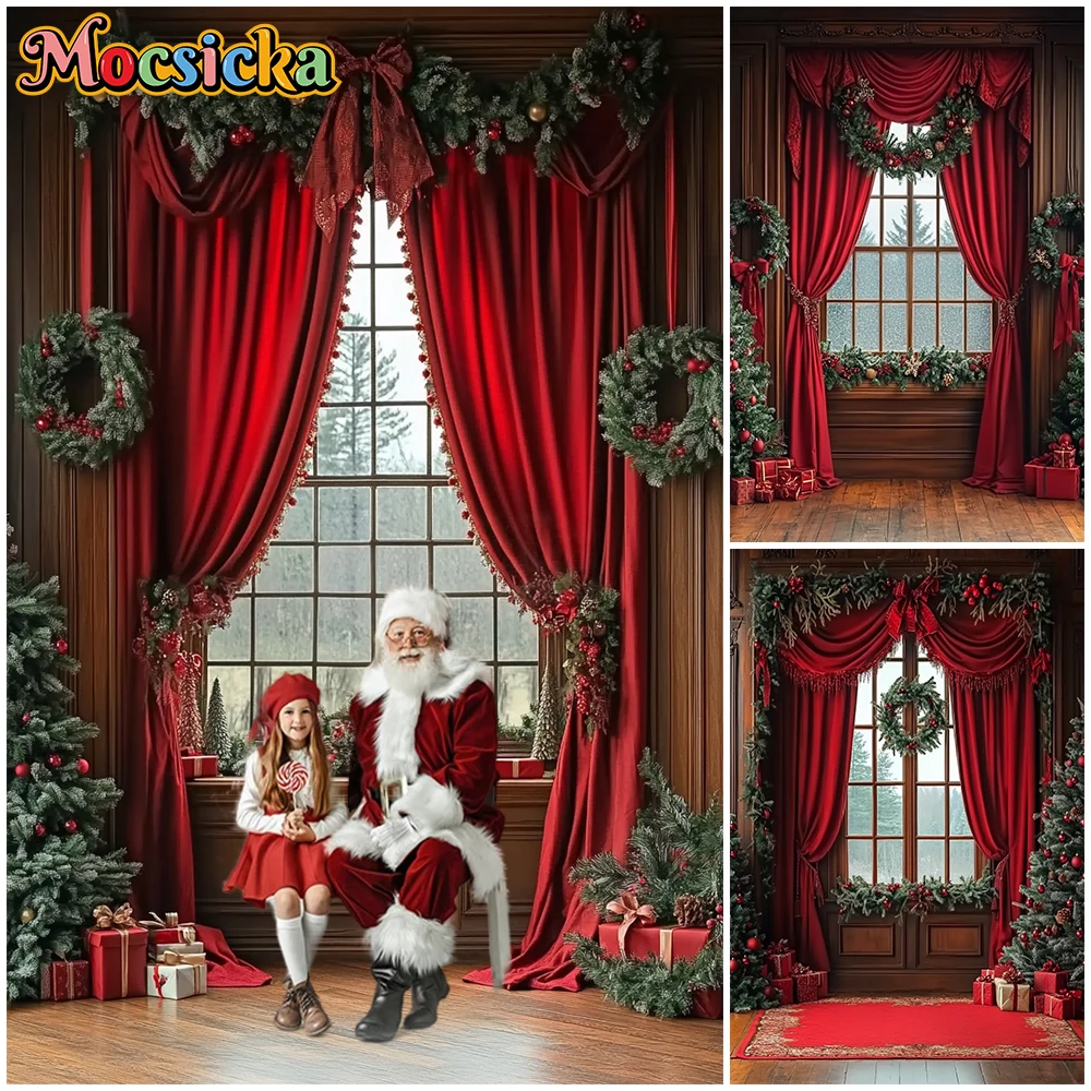 

Mocsicka Christmas Background Photography Tree Red Curtains Window Decoration New Year Party Kid Photo Backdrop Studio Wallpaper