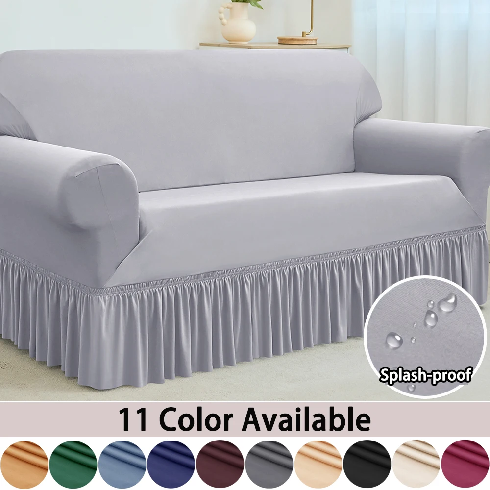 

1pc Stretch Sofa Cover Splashproof Sofa Covers With Skirt Solid Color Non-slip Sofa Slipcover For Bedroom Living Room Home Decor