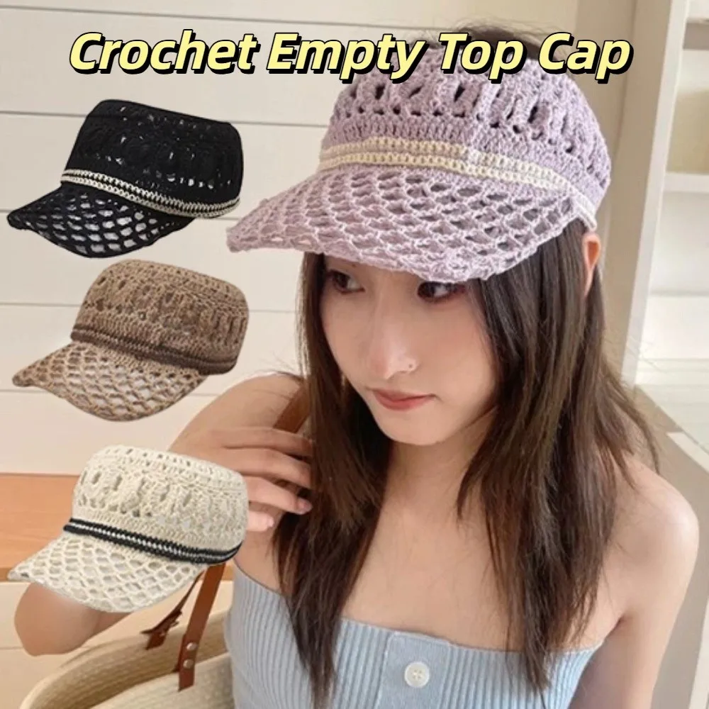 

Casual Sunscreen Crochet Empty Top Cap Sunshade Knitted Hollow Out Visor Hat Foldable Soft Drawstring Hat Streetwear