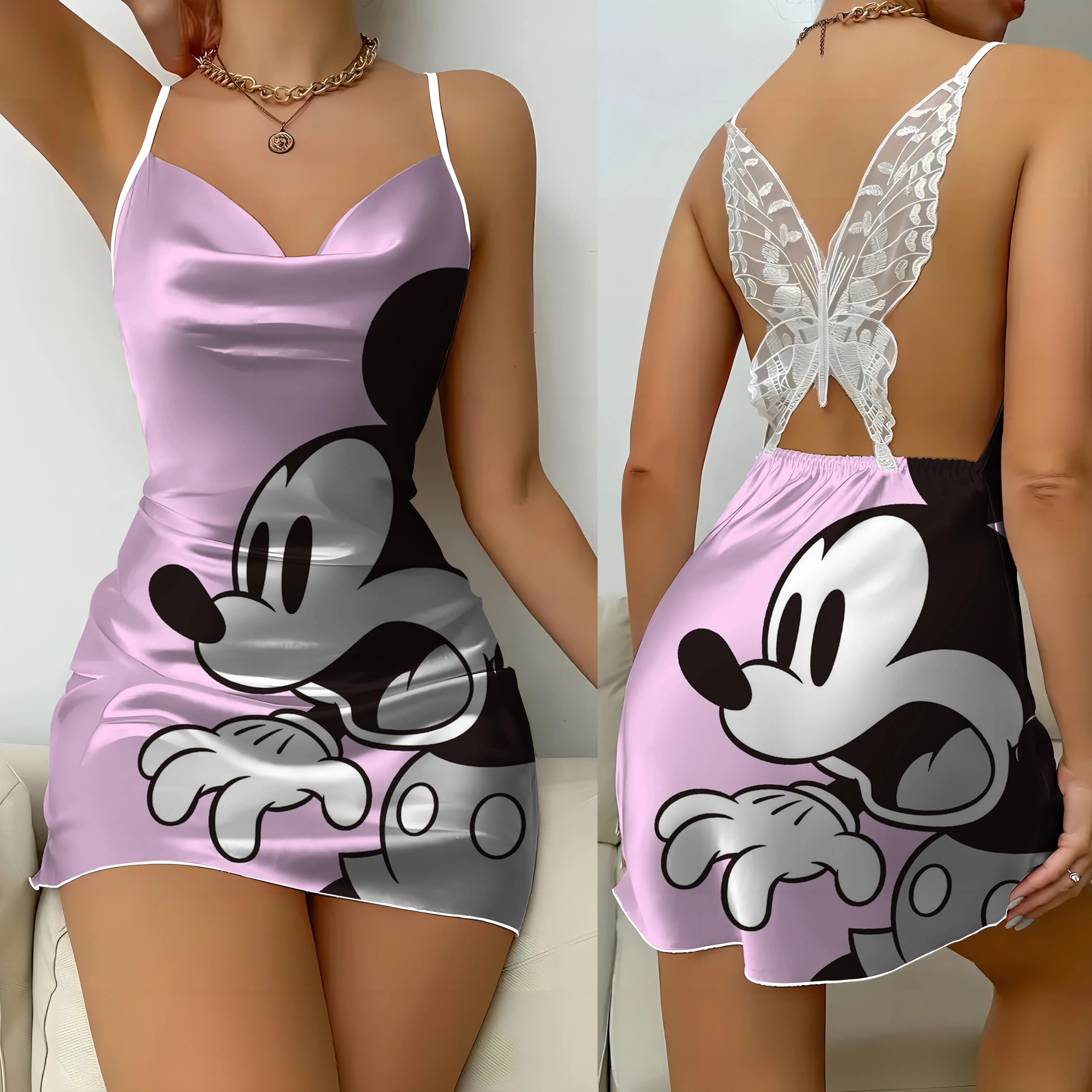 Vestido Minnie Mouse sem costas Disney para mulheres, saia de pijama com nó arco, superfície Mickey Satin, mini vestidos de festa, moda sexy, verão, 2022, 2024