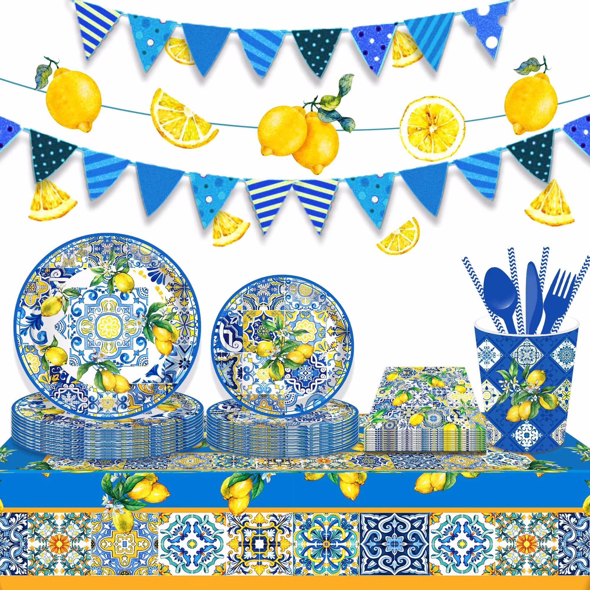 Juego de vajilla desechable para fiesta de limón, porcelana azul y blanca, platos de papel, vasos, servilletas, decoración de vajilla para fiesta