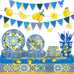 Blue and White Porcelain Lemon Party Disposable Tableware Sets Paper Plates Cups Napkins Party Dinnerware Decor