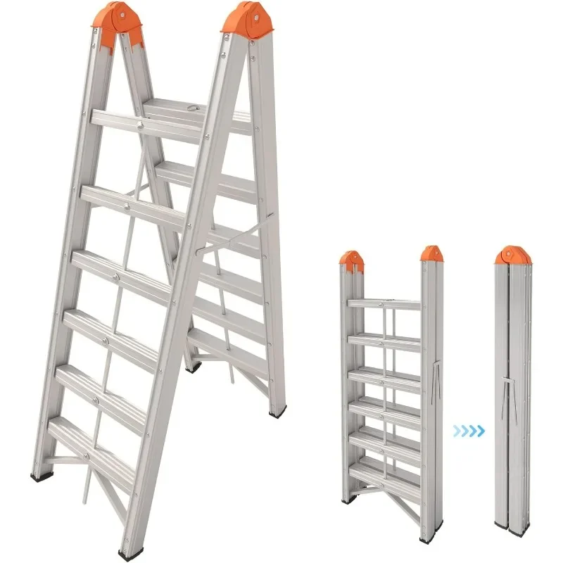 Aluminum Ladder, Foldable Twin Front Ladder, Collapsible A Frame 6-Step Ladder, Compact Step Stool with Wide Anti-Slip Pedal, Al