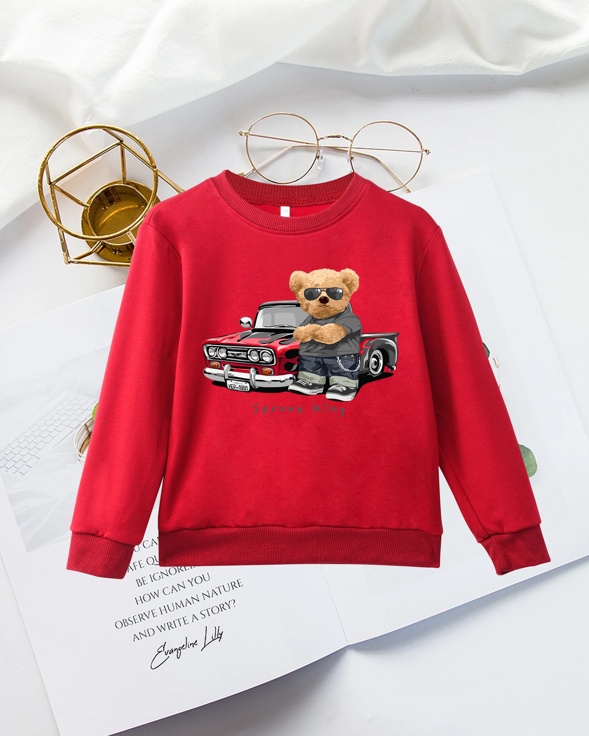 Classic car teddy bear print autumn and winter trend unisex fashionable and cute style hoodie