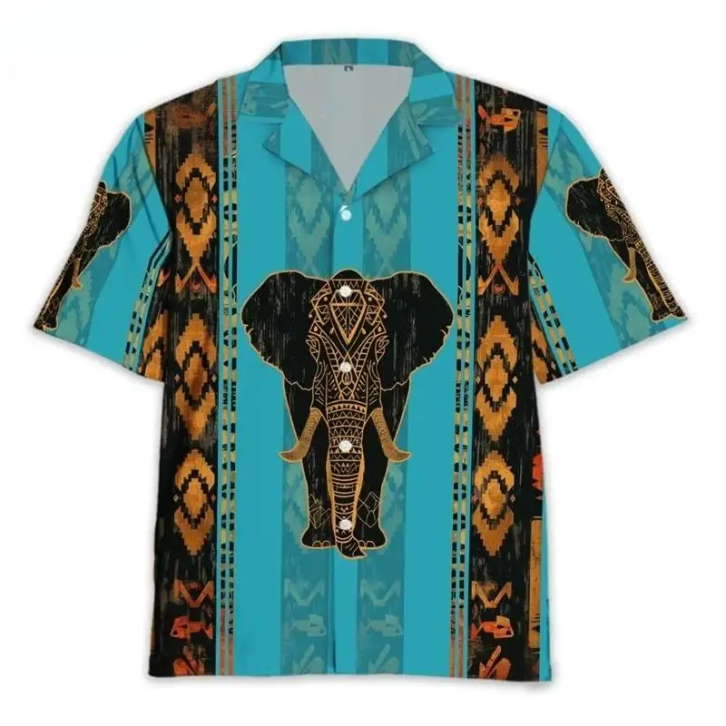 

Retro Elephant Beach Shirt Mens Flowers Print Vintage Casual Shirts Hawaii Short-Sleeved Breathable Vintage Blouses Gift Idea