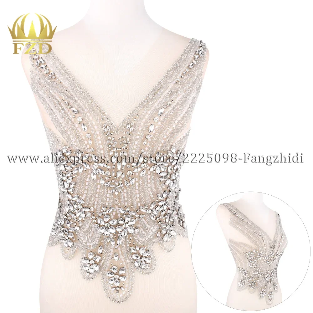 

FZD 1 Set Nude Mesh Clear front&back Crystal Stone V-neck Patches white beads for Wedding Dresses, DIY Decorative Clothes