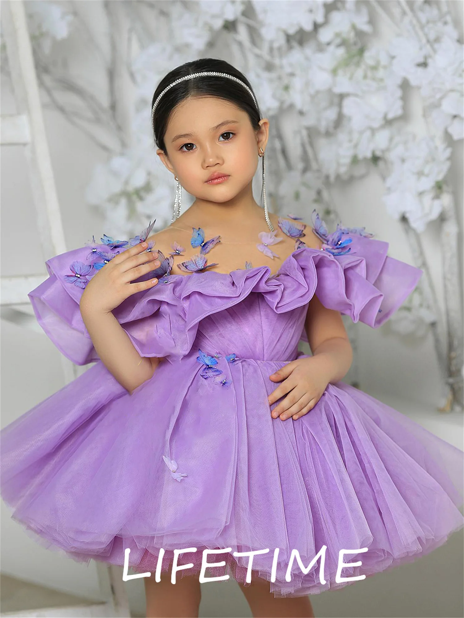 PurpleTulle Girl Dress Knee Length Princess Dres Flower Girl Dresses Cute Baby Girl Dress Girl Birthday Party Dresses