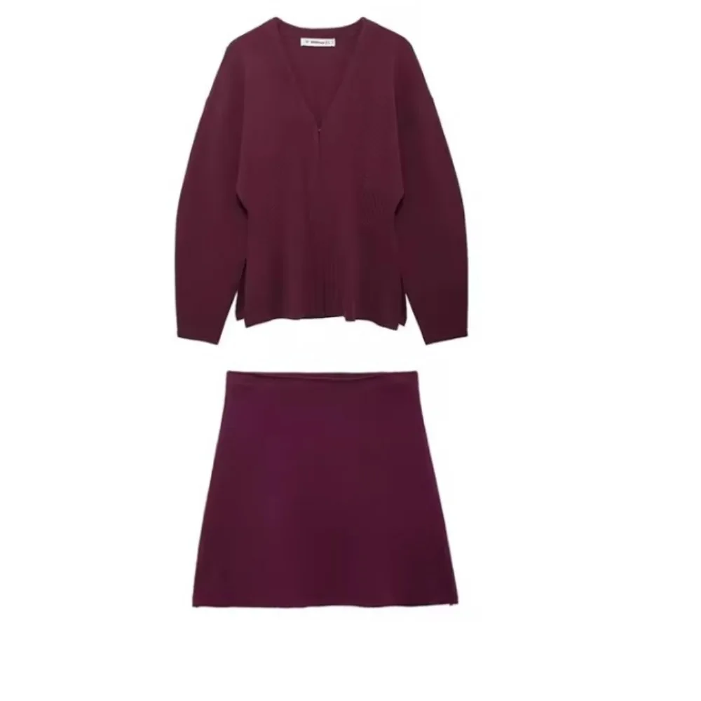 

Fashion Womens 2-piece Skirt Sets Slim Knit Cardigan Mini Skirt Simple Office Lady Suit Sexy Wine Red Outfits for Women Trendy