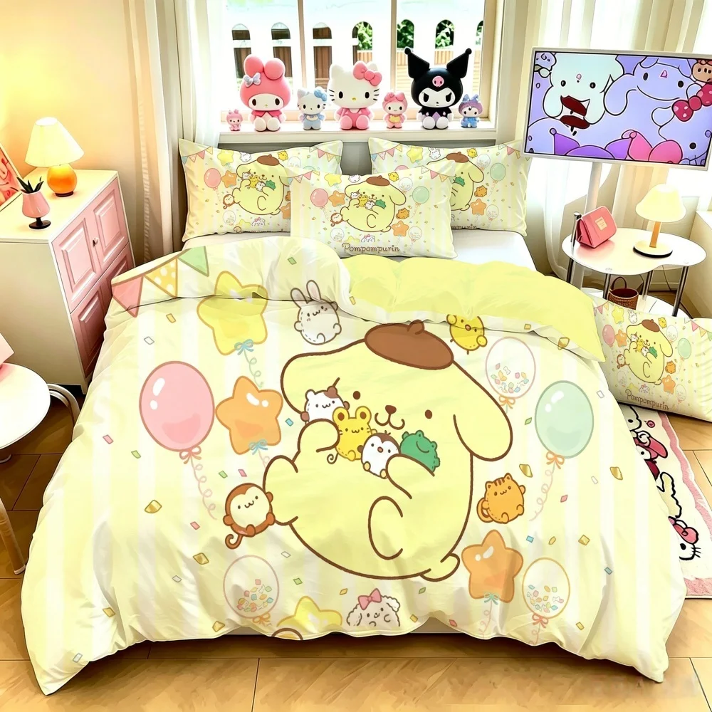 Sanrio Pompompurin Kawaii Bedding Set, Cartoon Duvet Cover with Pillowcases, Cute Quilt Cover for Bedroom Decor Gift