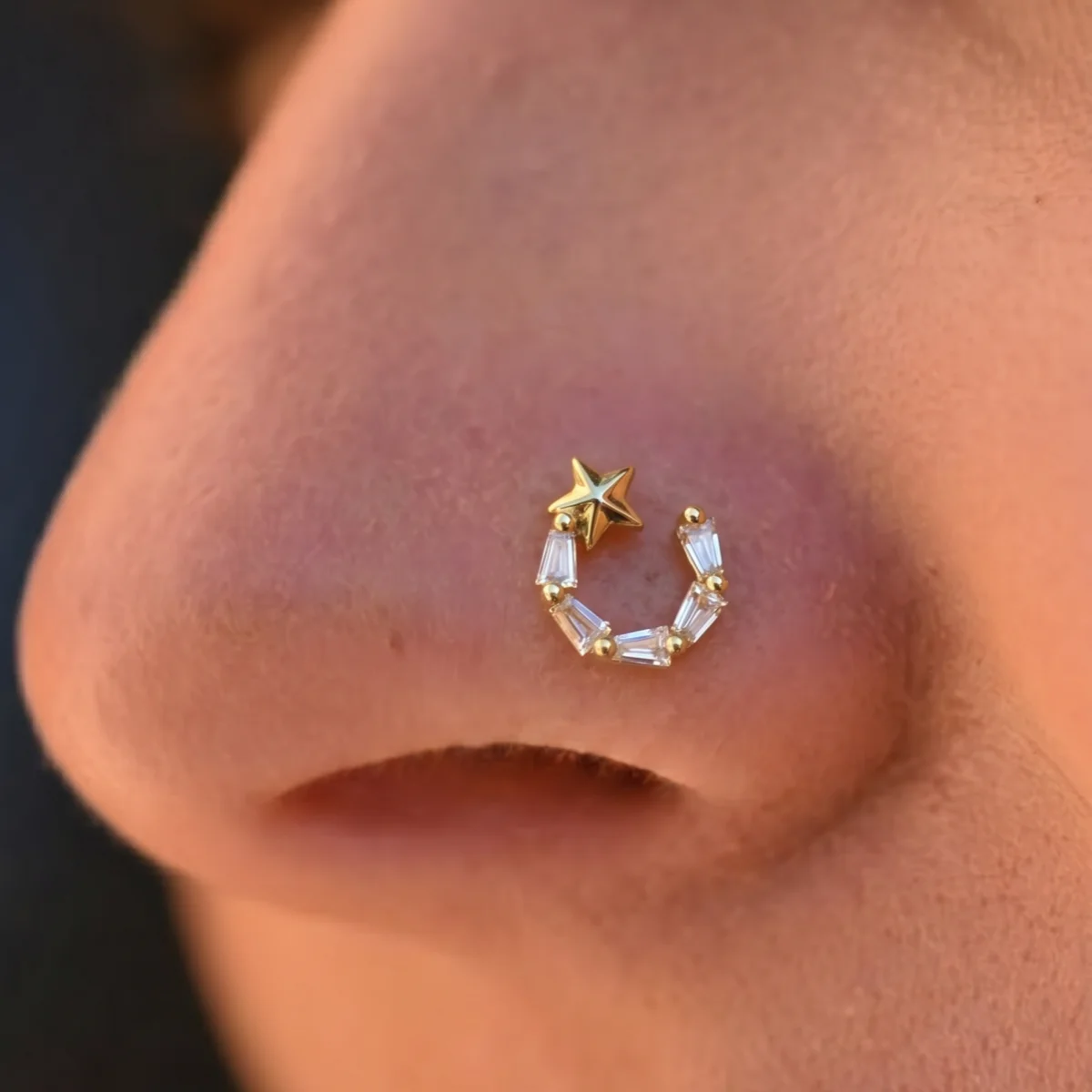 1-Pack Luxury Retro Lucky Star L-Shaped Zircon Piercing Nose Stud, Women Y2K Bohemian Nose Screw Ring