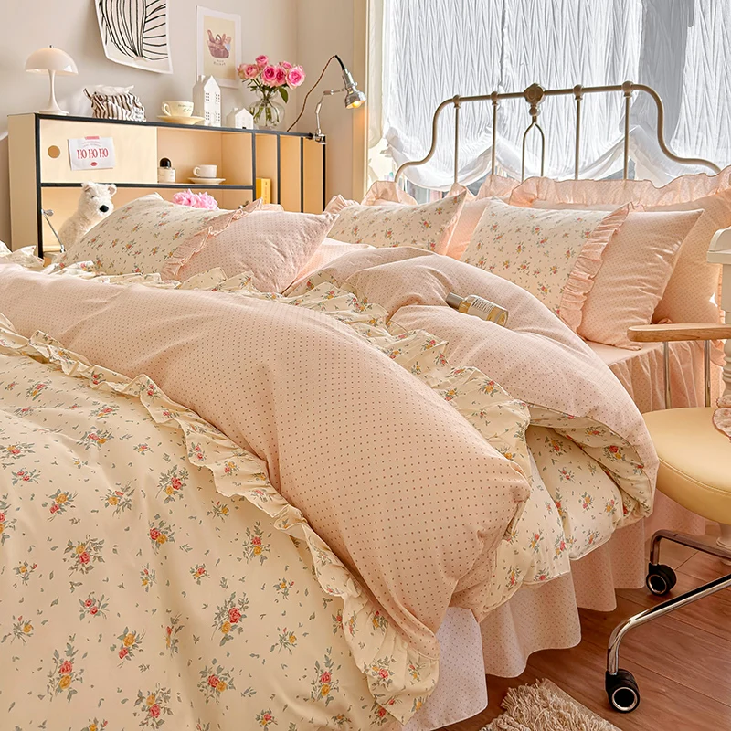 3pcs 100% Cotton Duvet Cover Set (1*Duvet Cover + 2*Pillowcase, Without Core), Korean lace Bedding Set, Soft Comfortable