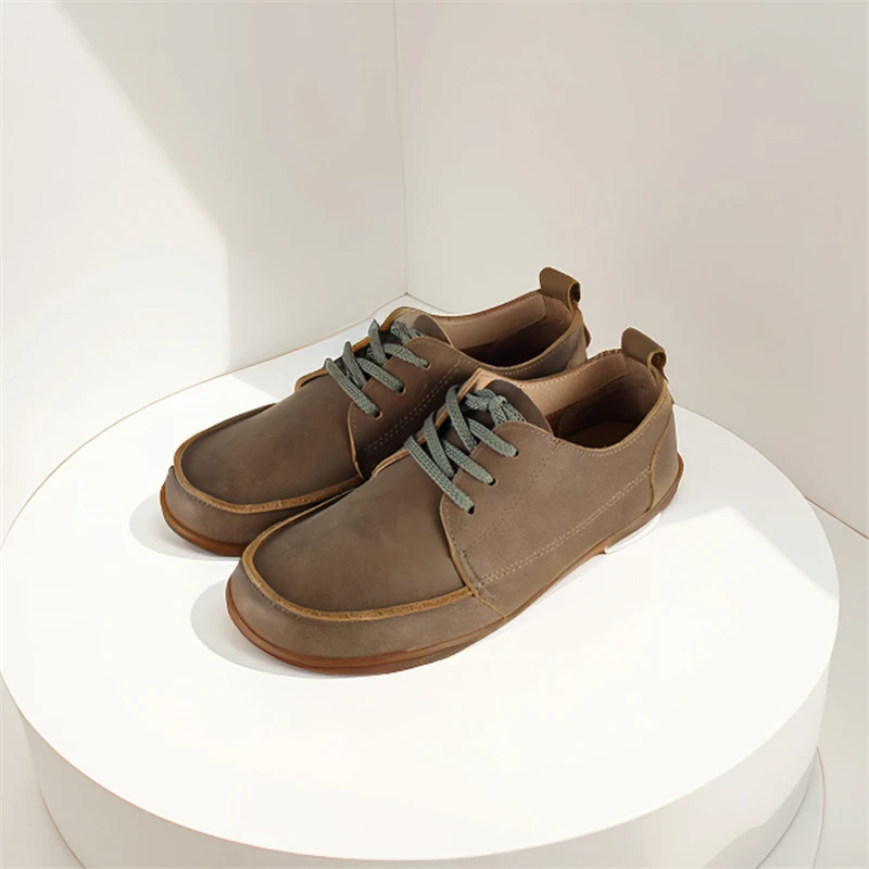 

Barefoot Casual Shoes Women Cow Leather Round Toe Flats Ballerinas Lace Up Retro Female Footwear