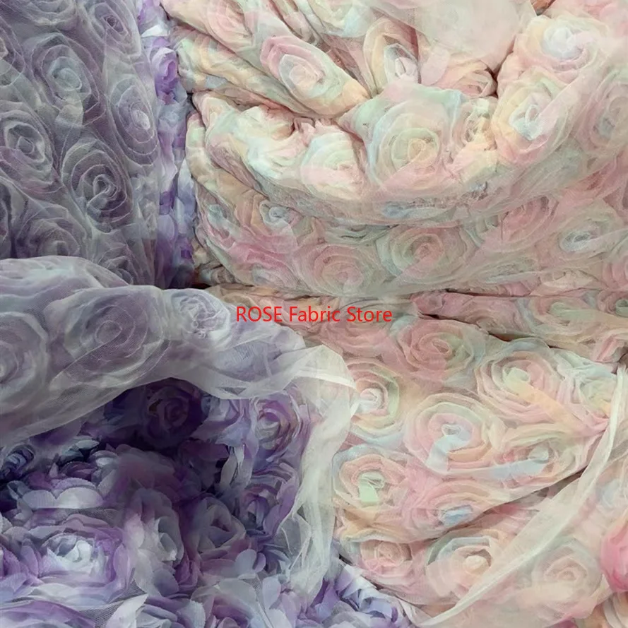 Tissu en Tulle brodé Rose dégradé 3D, 1 yard, robe en dentelle, vêtements de scène, bricolage, couture, tissu de styliste